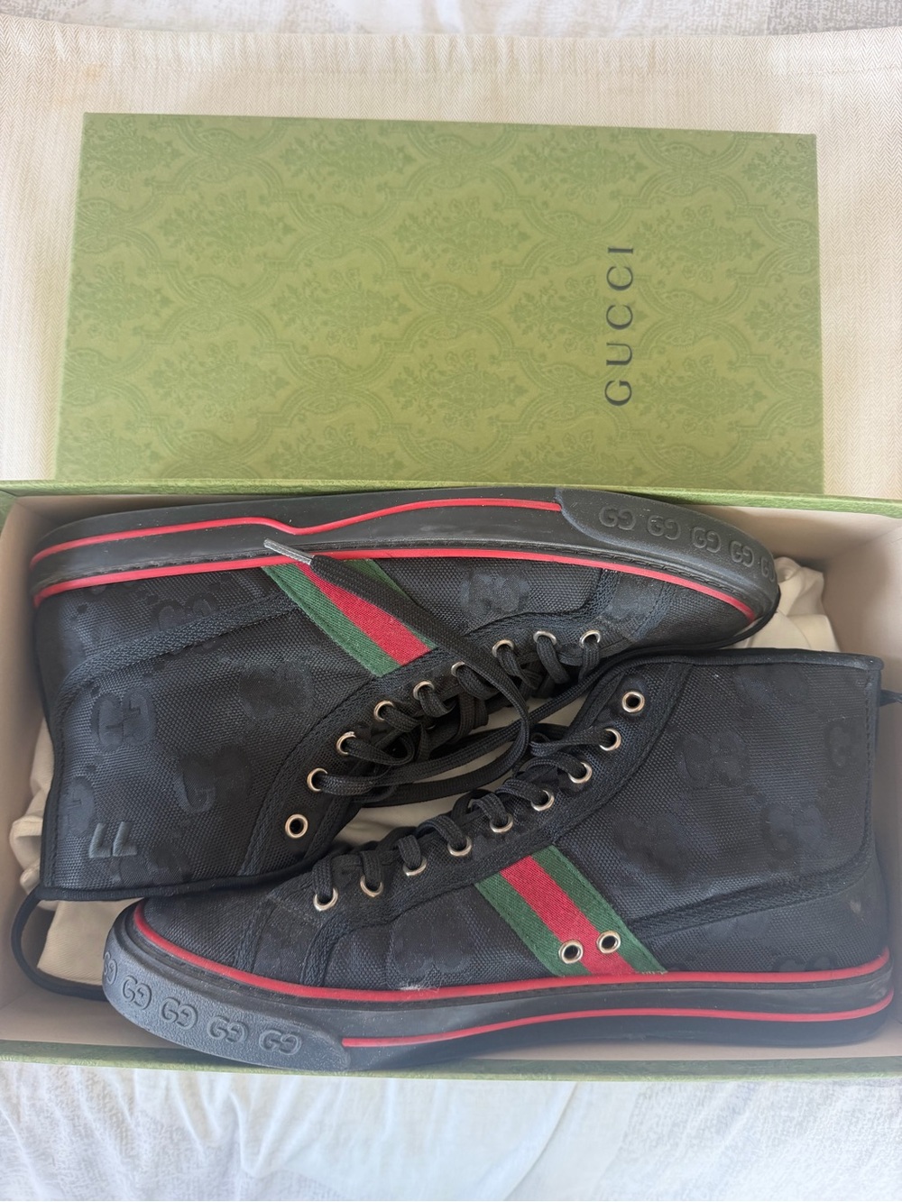 Gucci Black High-Top Sneakers with Green and Red Web Stripe